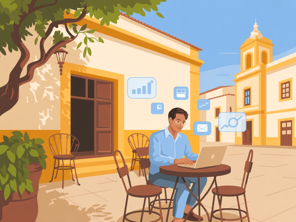 Empreendedora em Elvas a usar computador portátil para expandir o seu pequeno negócio com ajuda da Alentejo Gráfico.