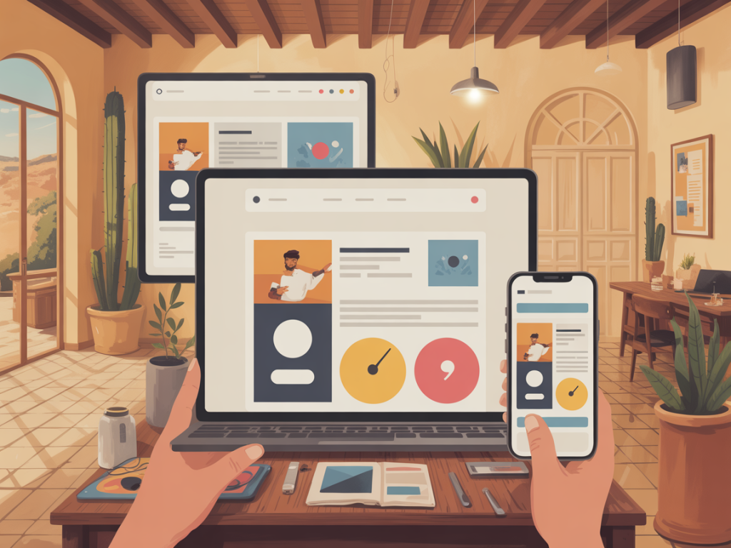 Designer em Elvas a testar um site rápido e responsivo desenvolvido pela Alentejo Gráfico.